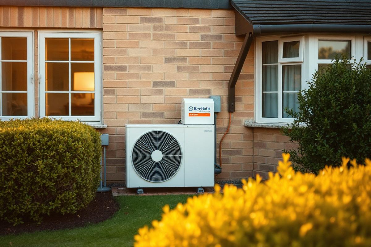 An air source heat pump unit installed beside the wall of a UK family home