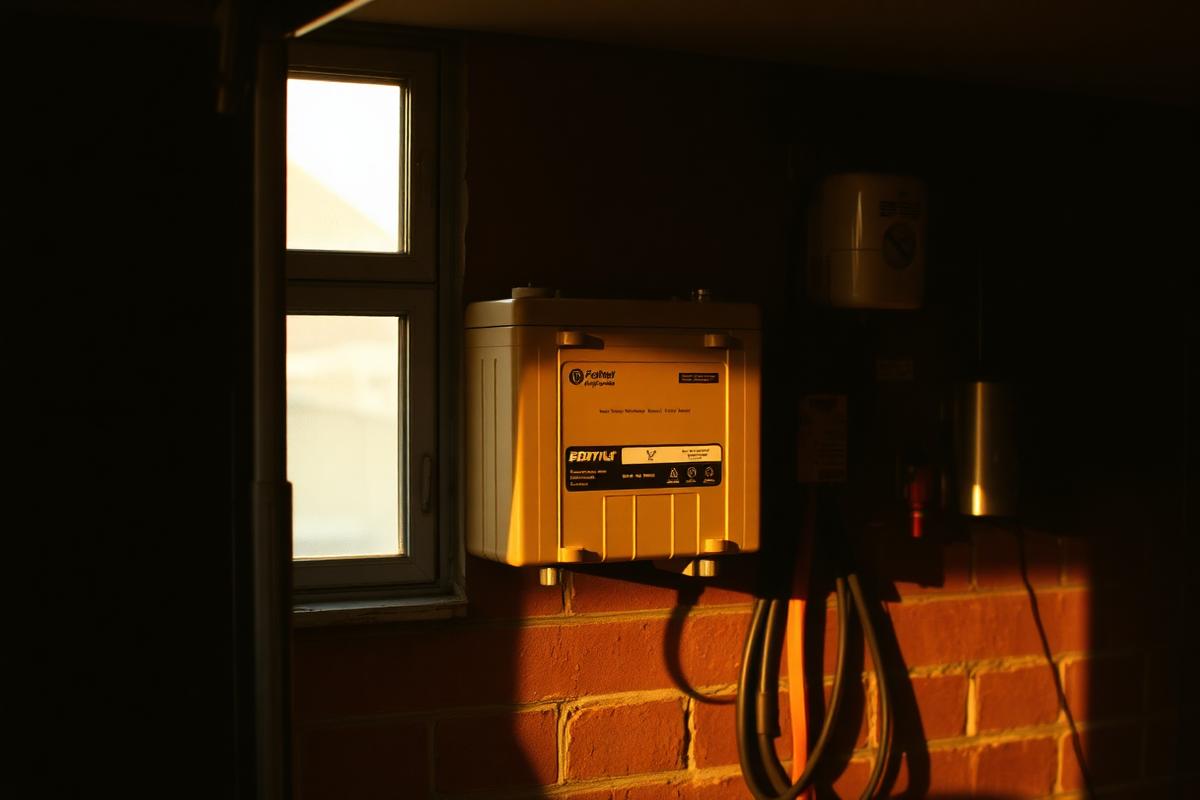 A home battery storage unit mounted in the utility room of a British house