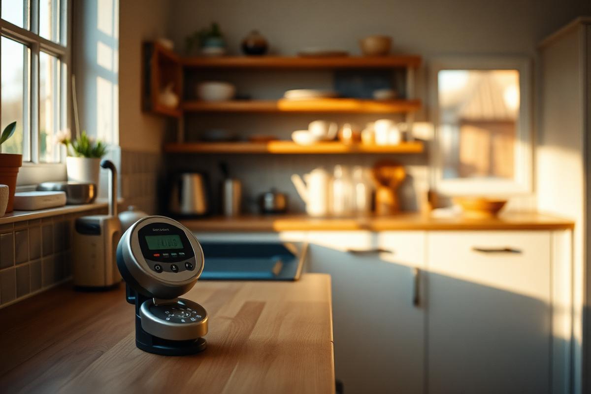 A smart electricity meter on the kitchen worktop of a British home showing energy use