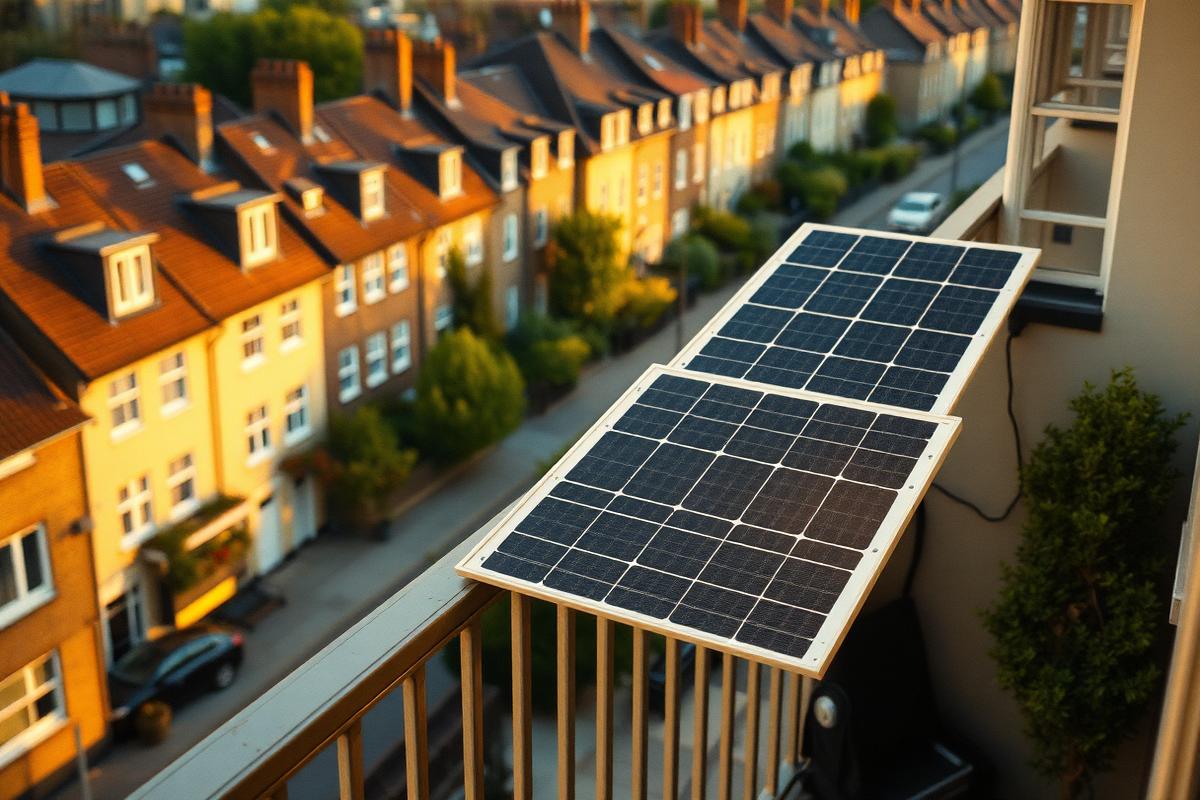 A plug-in solar panel hung from the balcony railing of a UK flat at sunset