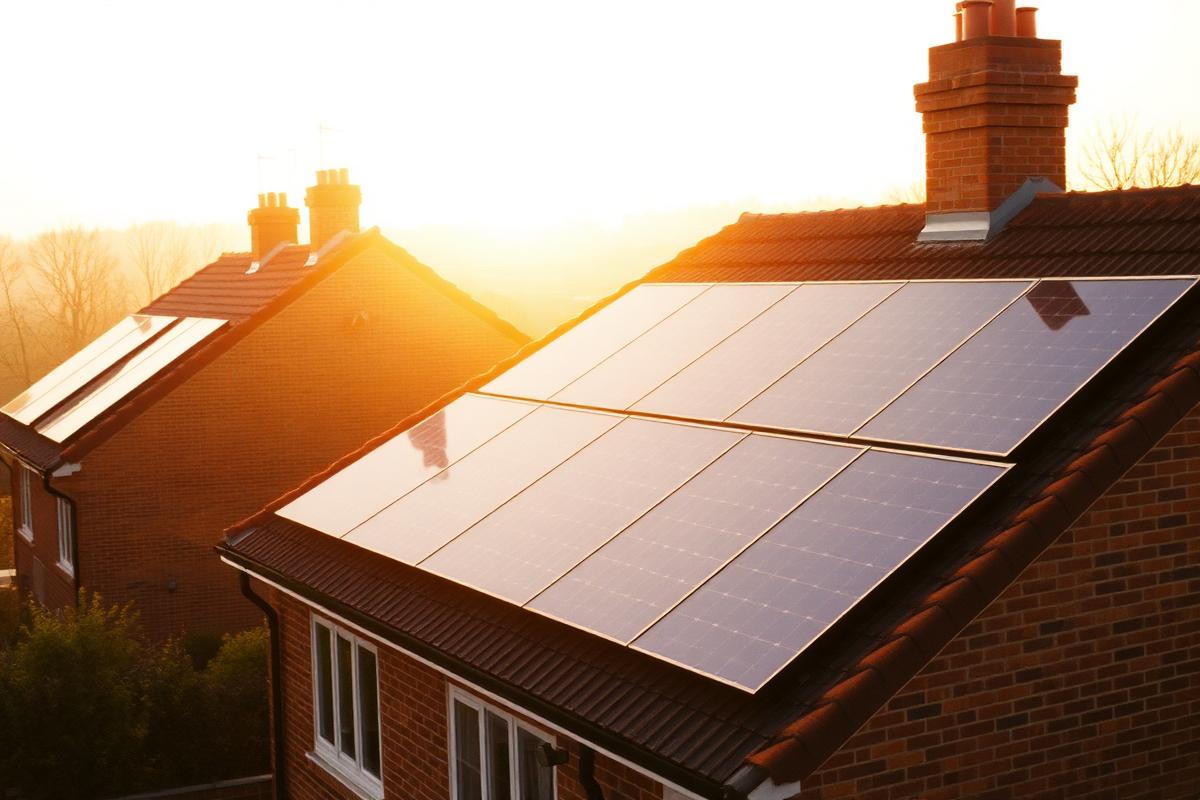 Rooftop solar panels on a British terraced house in golden hour sunlight